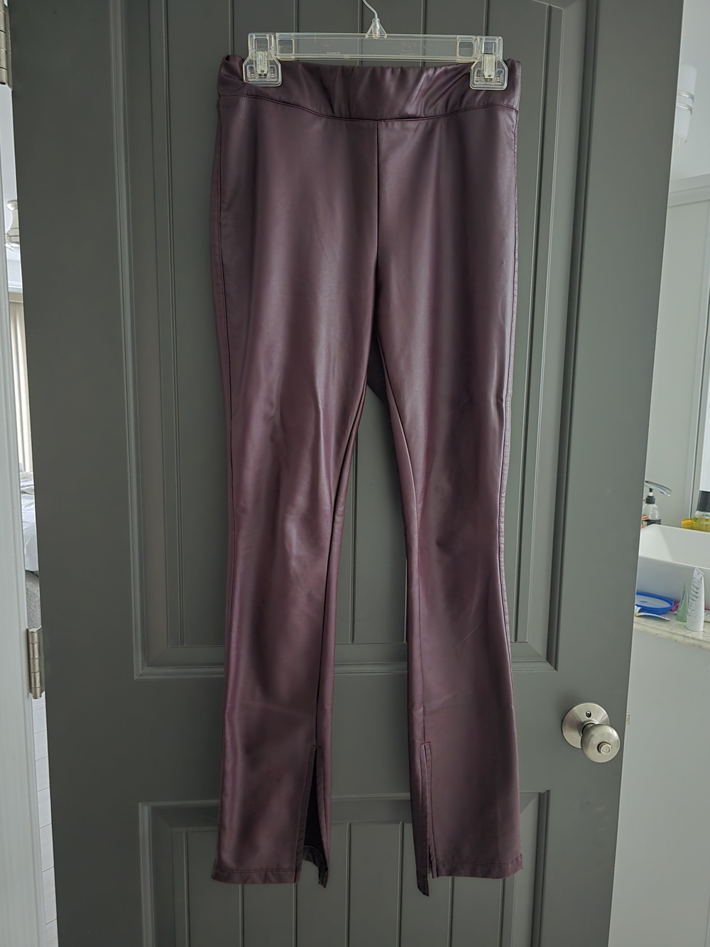 Faux Leather Burgundy Leggings with Front Slits